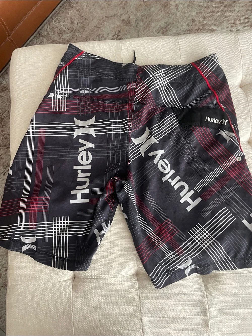 Hurley Black & Red Plaid Boardshorts with White Logos - Picture 6 of 6